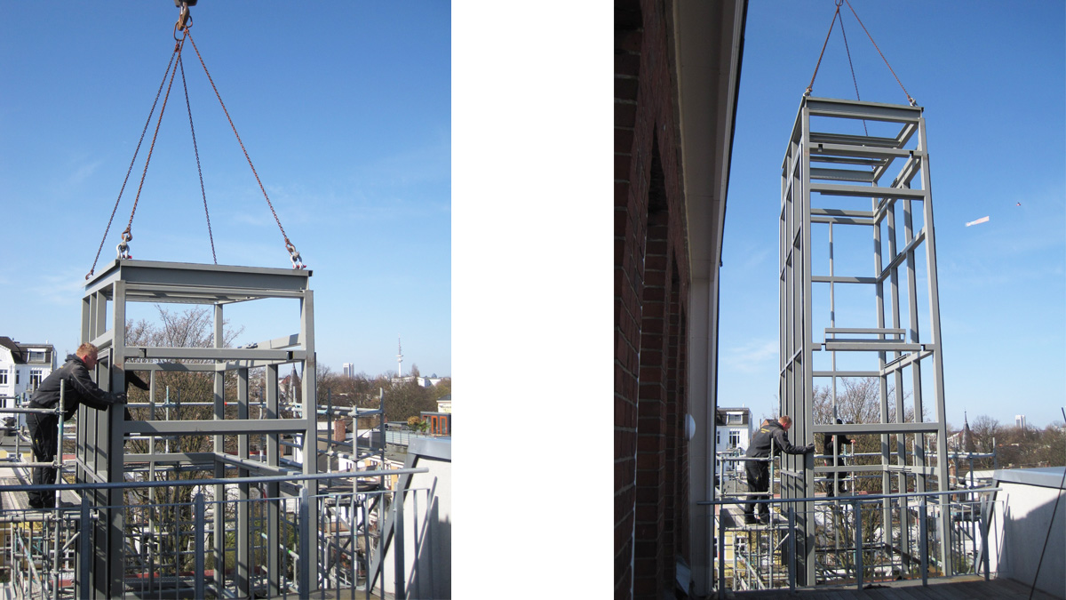 Aufzugsbau an Hamburg Kunsthochschule Stahlschachtgerüst