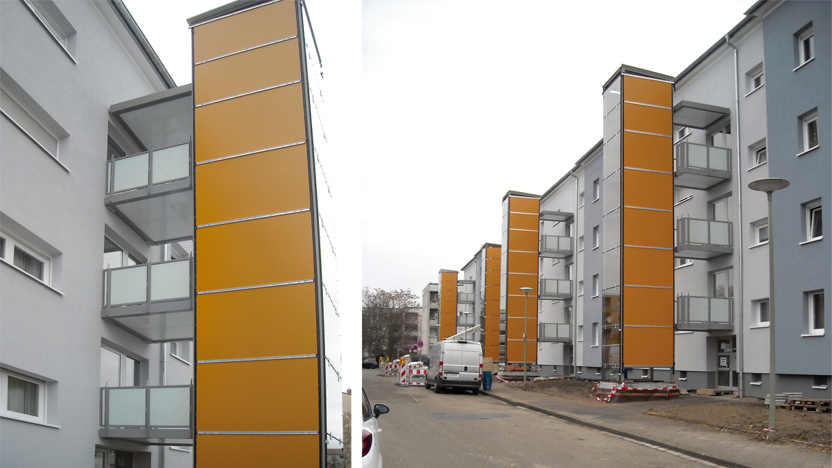 vorgestellte Aufzugsanlage am Mehrfamilienhaus in Ludwigshafen